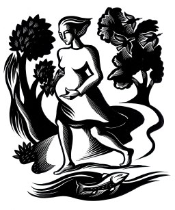 Pregnant woman walking through nature (Pen and Ink).